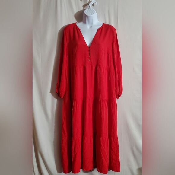 LOFT | Red V-neck Heart Patterned Long Sleeve Tiered Maxi Dress | Size S - Picture 1 of 9